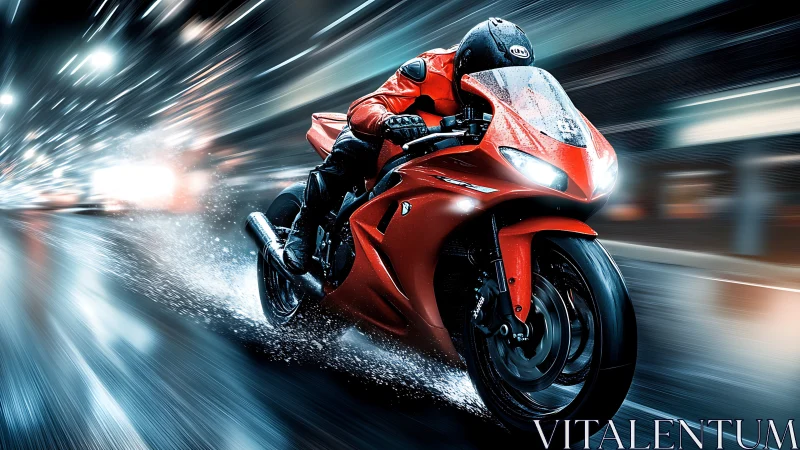Red superbike races through wet neon city street at night.