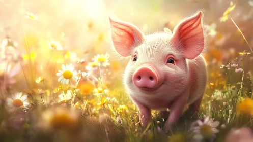 Young pink piglet standing in flower meadow under soft light.