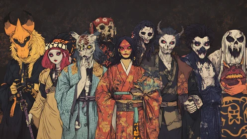 Eerie yokai ensemble in ornate kimonos and haunting masks.