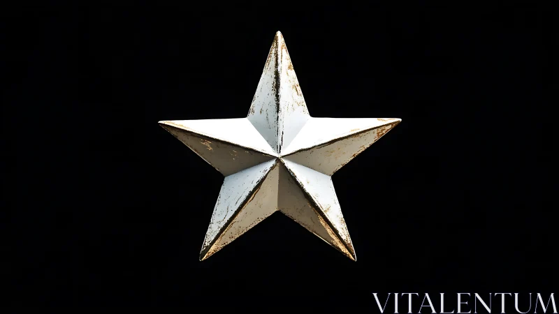 Weathered white metal star on deep black background.