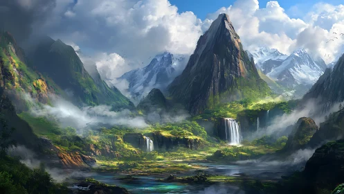 Volumetric alpine valley with waterfalls in dynamic light field.