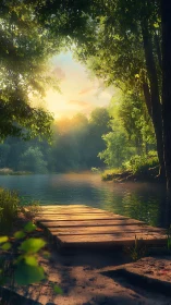 Golden forest lake dock glows softly in warm evening light.