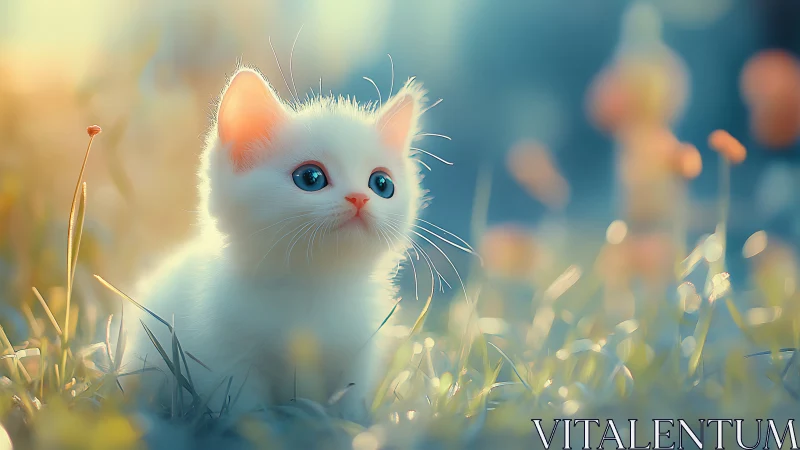 White Kitten in Golden Grass Field with Blue Eyes.