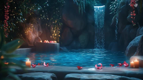 Romantic candlelit grotto with waterfall and pool scene.
