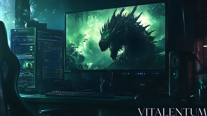 Midnight gaming desk glows with a towering digital dragon