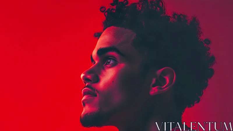 Warm red portrait of a thoughtful young man in profile.