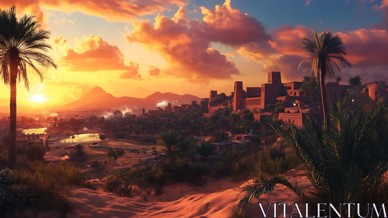 Golden desert sunset wraps a peaceful oasis city in warmth