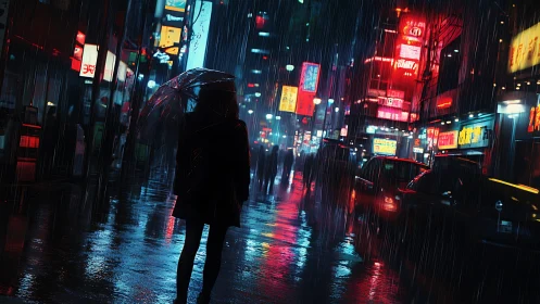 Silhouetted pedestrian stands in neon city street during rainfall