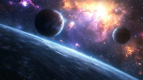 Gentle blue world beneath glowing nebula and quiet moons.