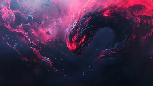 Cosmic void serpent coils through crimson nebula storm