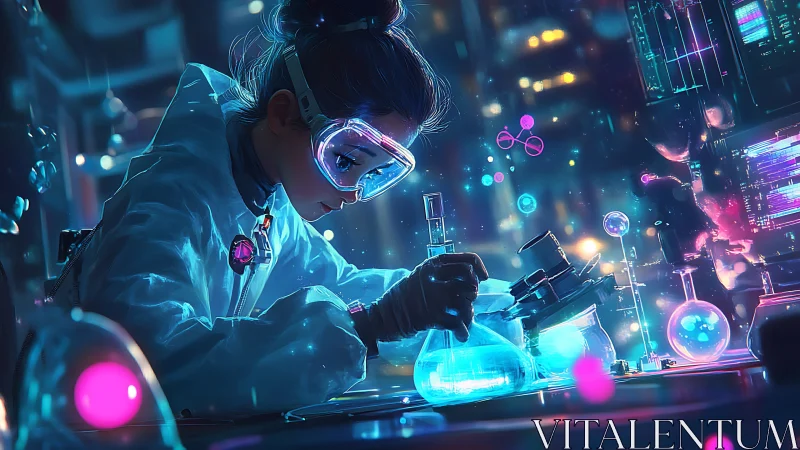 Young scientist conducts neon lit experiment in futuristic lab