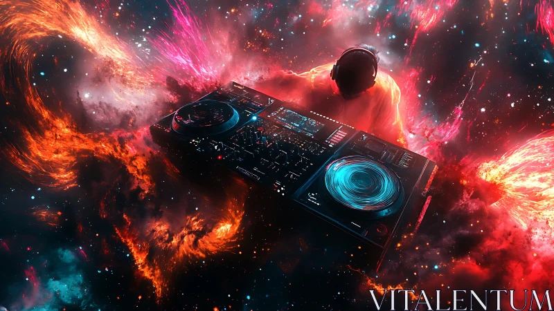Cosmic DJ mixes neon galaxies with glowing turntables.