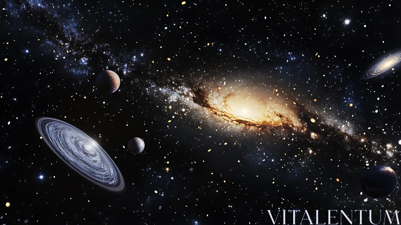 Golden galaxy glow welcomes wandering planets and bright stars