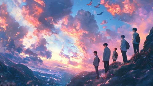 Group of students observing colorful sky from hillside ridge.