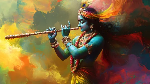 Mythic blue flutist in swirling polychrome devotional aura