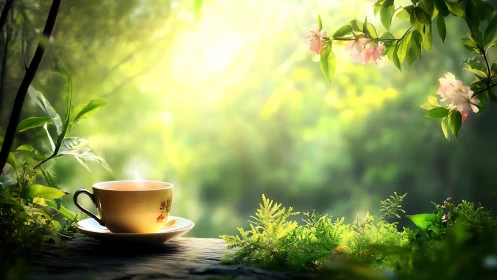 Yellow teacup on saucer in soft green garden light.