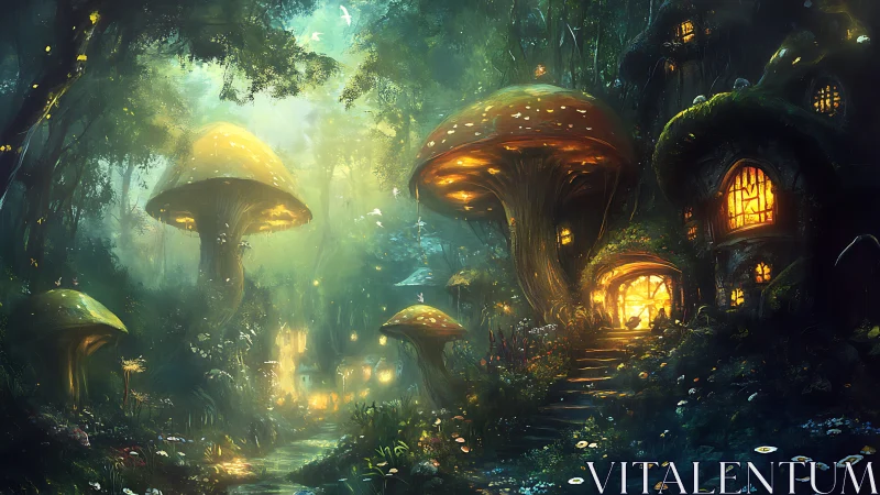 Enchanted mushroom village glowing under twilight forest.
