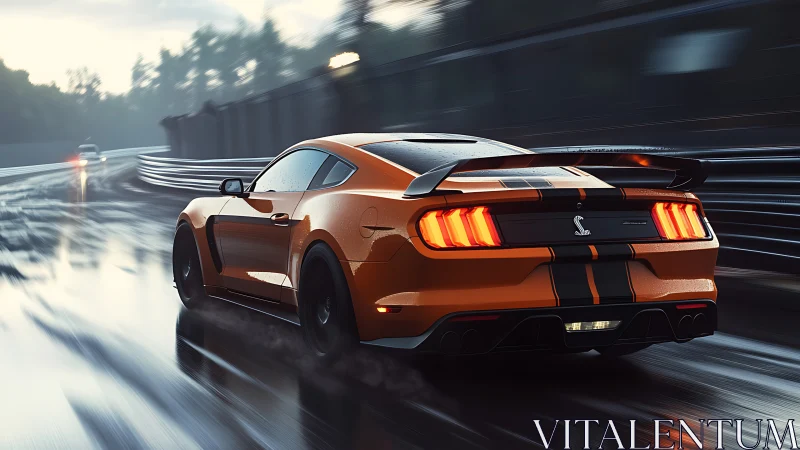 Orange muscle car drifting through wet racetrack at dusk.