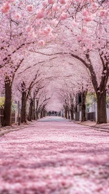 Cherry blossom trees line a quiet street in full bloom