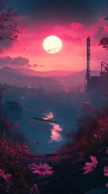 Backlit industrial river valley under saturated magenta sunset sky