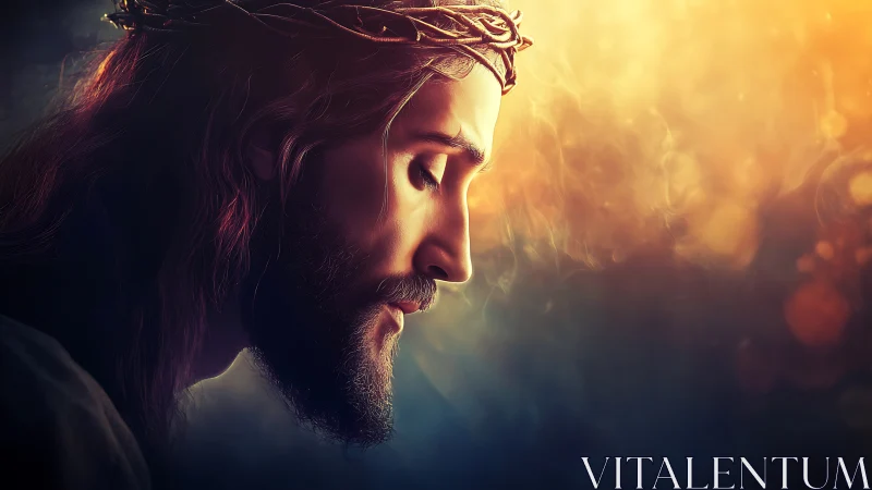 Side profile of robed figure with thorn crown in warm light