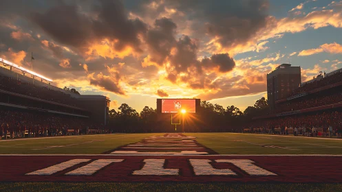 Stadium sunset ignites the goalpost in molten evening light.
