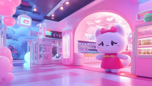 Neon pastel kawaii market interior with giant mascot bear