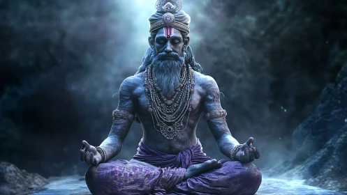 Meditating blue sage in ornate jewelry under ethereal light.