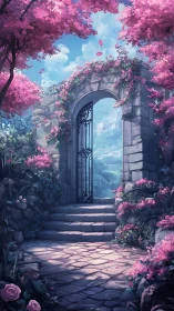Enchanted stone garden gate opens into a pastel dreamscape.