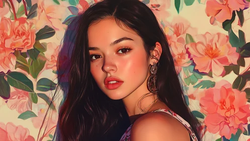 Portrait captures young woman against bold floral backdrop