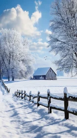 Frost-kissed farmhouse dreaming beneath a bright winter sky.