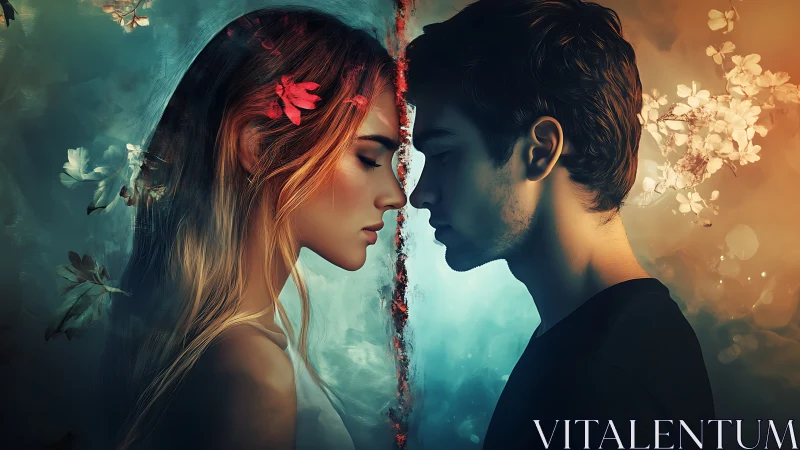 Two faces separated by glowing floral barrier.