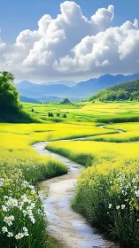 Meandering stream through luminous canola terraces under cumulus.
