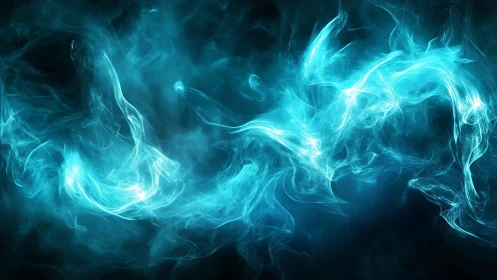 Cyan plasma-like energy wisps over deep black gradient field