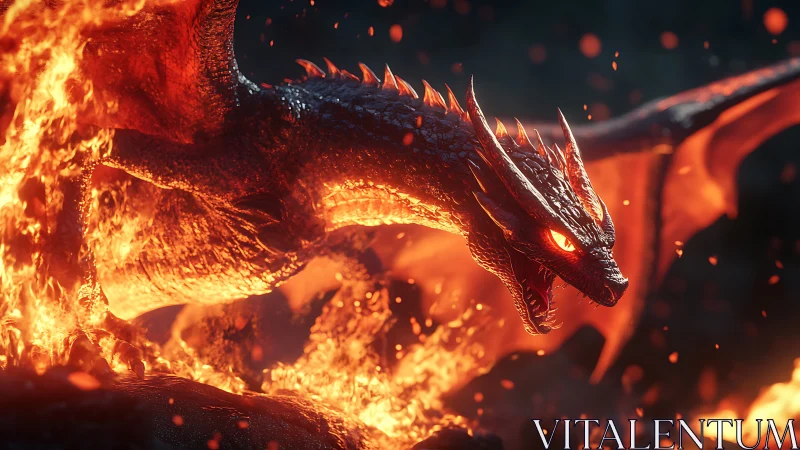 Photorealistic molten dragon in dynamic lava surge composition.
