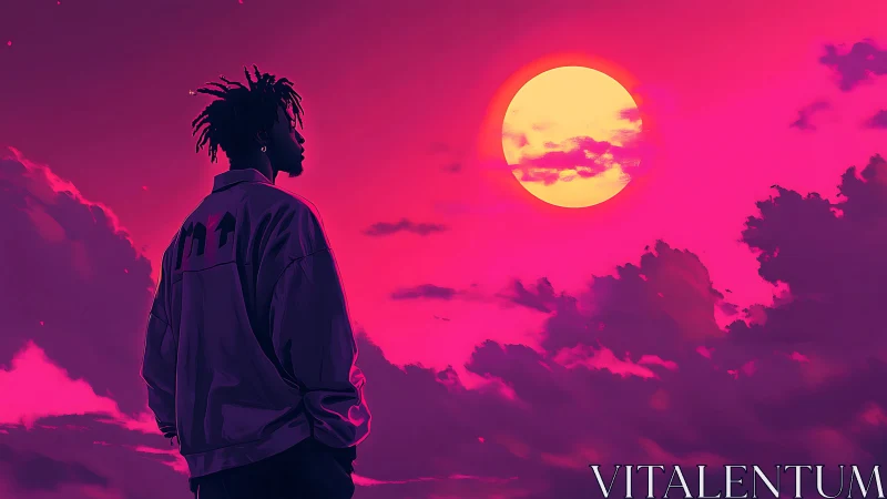 Neon sunset silhouette under bold magenta sky glow.