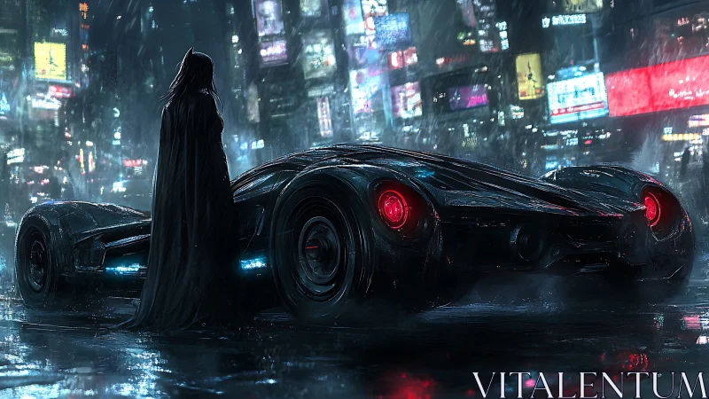 Cloaked vigilante beside neon supercar in rain-soaked city.