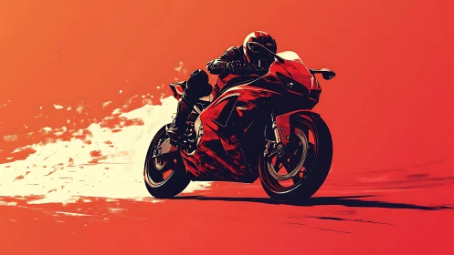 Motorcycle leans into high speed corner on red backdrop