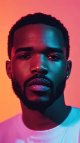 Portrait of man lit by dual neon orange and cyan lights