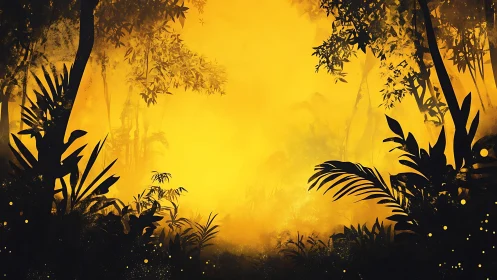 Golden jungle silhouettes glow with ethereal illumination.