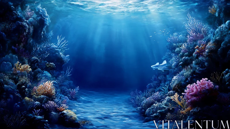 Sunlit underwater reef canyon with coral and lone shark.