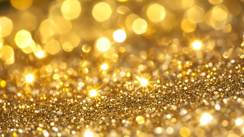 Defocused macro view of golden glitter and light points.