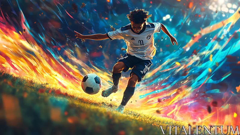 Soccer player striking ball amid dynamic color trails.
