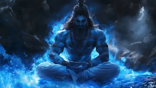 Blue-skinned mystical figure meditating in glowing flames.