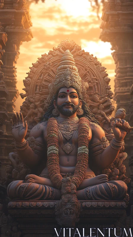 Seated Hindu deity statue amid ornate temple carvings.