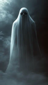 Translucent spectral figure in dense atmospheric fog.