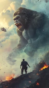 Colossal gorilla confronts lone soldier amid fiery battlefield.