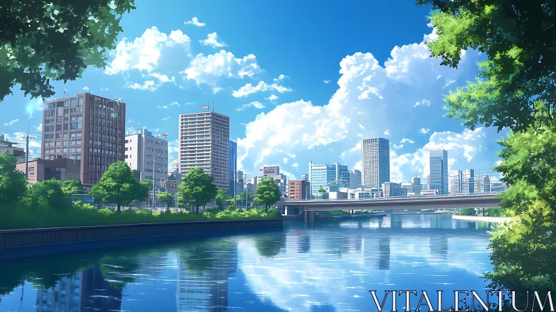 Sunlit riverside cityscape reflects calm beneath blue skies