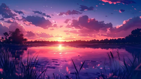 Gentle lakeside sunset glowing in dreamy purples and pinks.