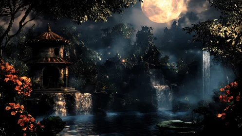 Moonlit temple reflects across cascading forest waterfalls.